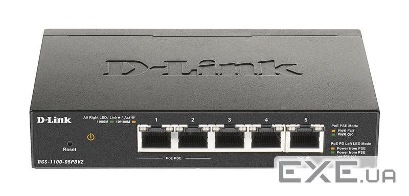 Комутатори D-Link DGS-1100-05PD 5xGE, (2xGE, 2xGE PoE, 1xGE PD), EasySmart (DGS-1100-05PDV2)