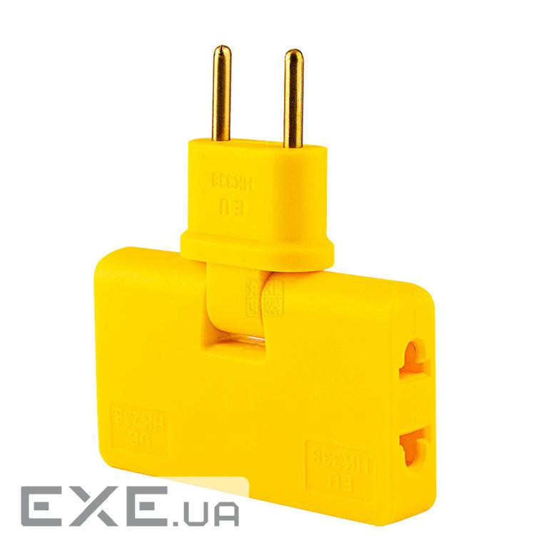 Трійник + перехідник 3 in 1, UK / US-EU, 220В, 10А, поворотний 180&deg;, Yellow (HK338Y) 180&deg;, Yellow (HK338Y)