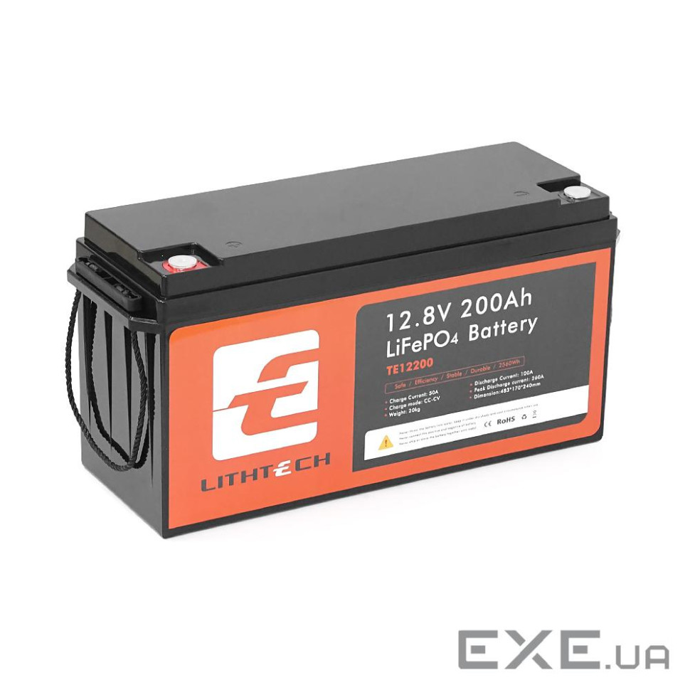 LITHTECH TE12200B + Bluetooth LiFePO4 12,8V 200Ah, 2.25kWh, BMS200A@4S, 6000 cycles