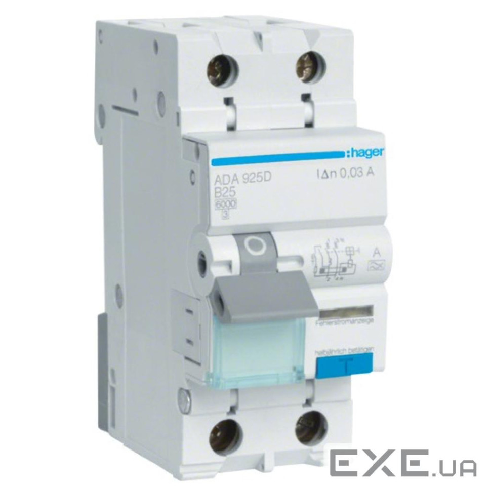 Диференціальний автоматичний вимикач Hager 1-п.+N 25A B 30mA (6kA) A (B) (ADA925D)