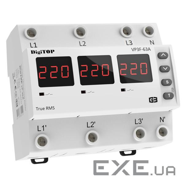 Реле напруги дворежимне одно/трифазне VP-3F63А M6R на DIN-рейку, 3*63А, 3*13500Вт, 1 ( (VP3F63АM6R)
