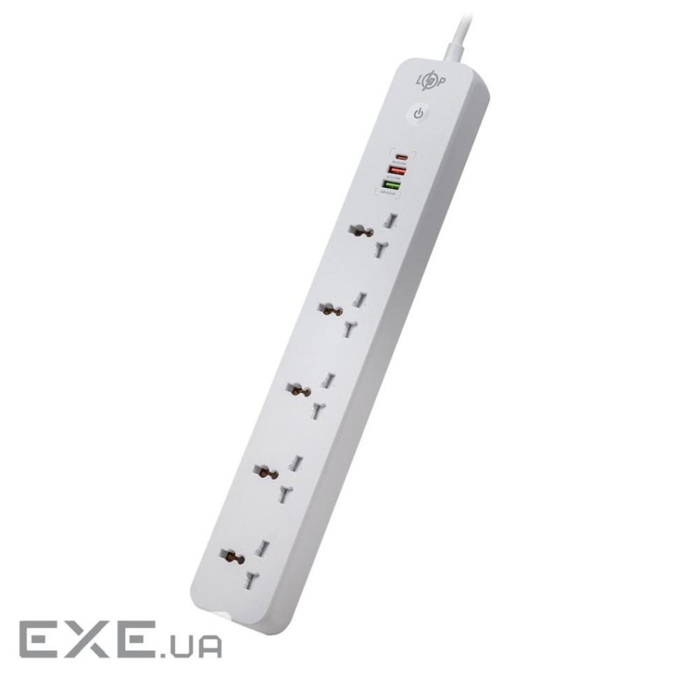 Мережевий фільтр (подовжувач ) LogicPower (5x220V-2500W, 1xUSB-38W/PD/QC3.0, 1xType-C 20W, 1xUS (30324)