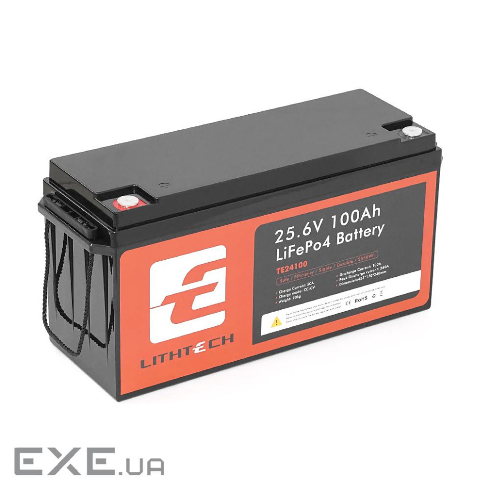 LITHTECH TE24100B + Bluetooth LiFePO4 25,6V 100Ah, 2.56kWh, BMS100A@4S, 6000 cycles
