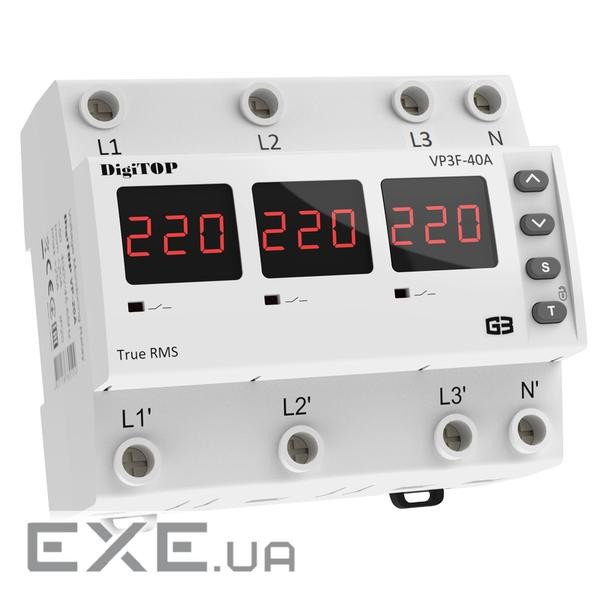 Реле напруги дворежимне одно/трифазне VP-3F40А M6R на DIN-рейку, 3*40А, 3*8500Вт, 12 ( (VP3F40АM6R)