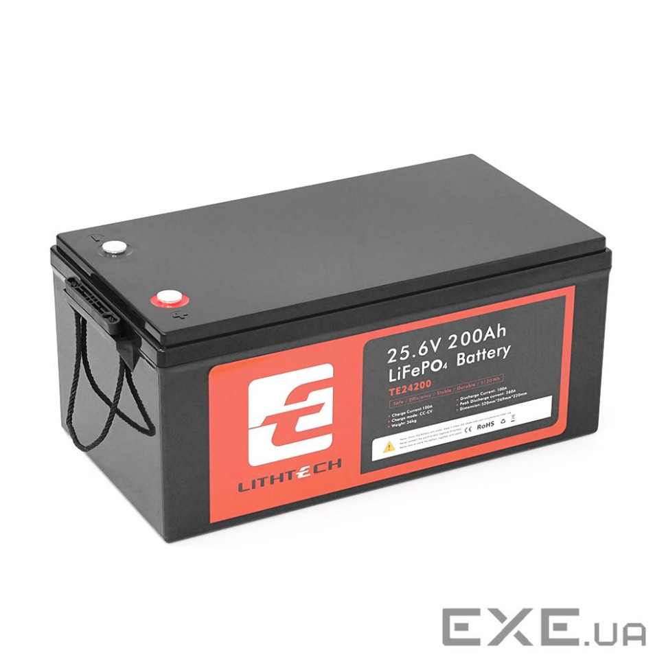 LITHTECH TE24200B + Bluetooth LiFePO4 25,6V 200Ah, 5.12kWh, BMS200A@4S, 6000 cycles