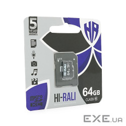 Карта пам&apos,яті Hi-Rali microSDHC Class 10 UHS-I, з адаптером, 64GB, Blister (Hi-Rali / KP64)