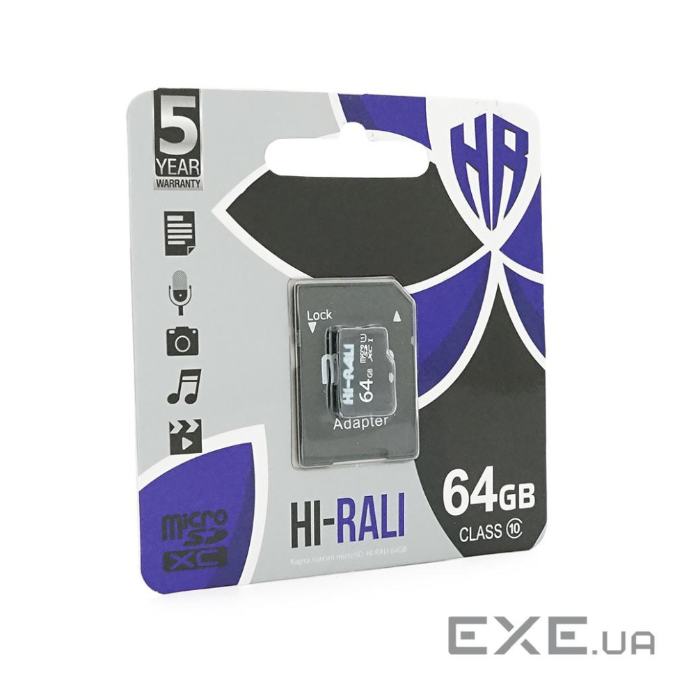 Карта пам&apos,яті Hi-Rali microSDHC Class 10 UHS-I, з адаптером, 64GB, Blister (Hi-Rali / KP64)