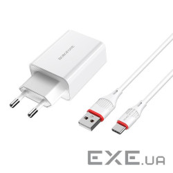Набір BOROFONE BA21A СЗУ+ кабель Type-C, 1xUSB, 3A, кабель 1м, White, Blister (BA21A / TCW) , White, Blister (BA21A / TC