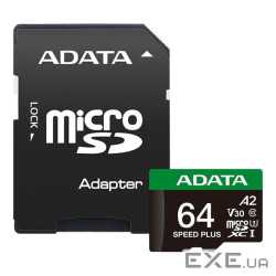 Карта пам"яті ADATA 64GB microSD class 10 UHS-I U3 V30 A2 Speed Plus (UD64GUI3V30A2SP-RA1)