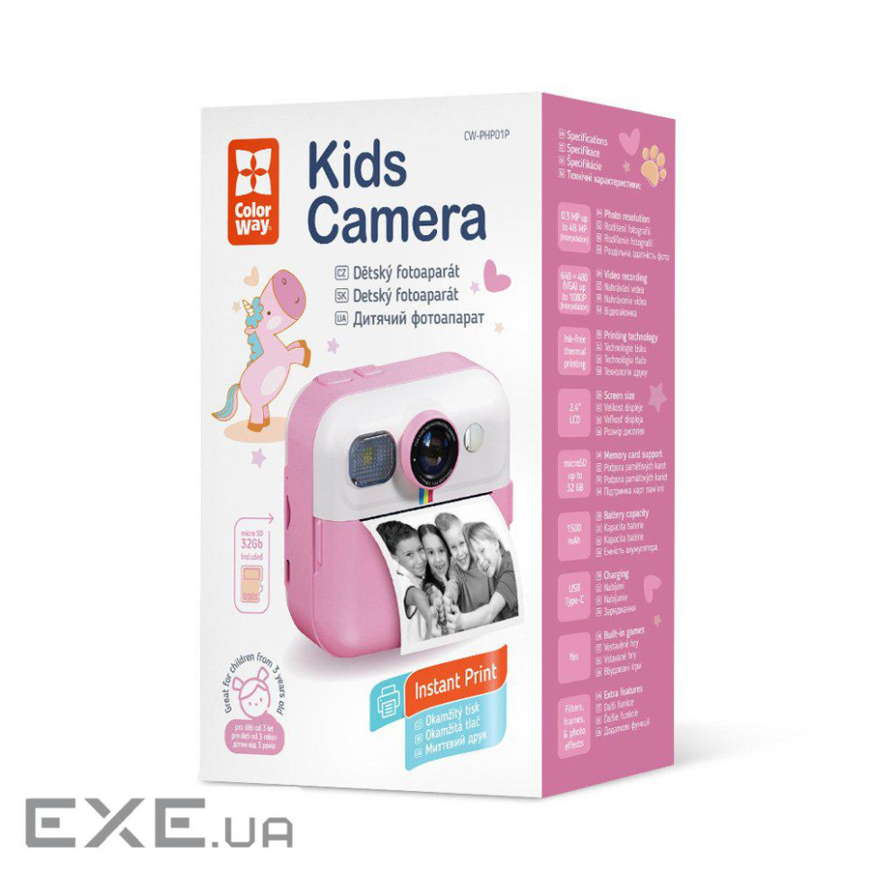 Камера миттєвого друку ColorWay Kids, Pink, 0.3Mp, 2.4" LCD екран, microSD, акумулятор 1 (CW-PHP01P)