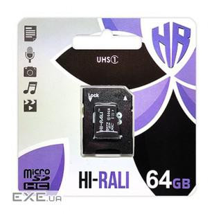 Карта пам'яті microSDXC, 64Gb, Class10 UHS-I, Hi-Rali, SD адаптер (HI-64GBSDCL10-01)