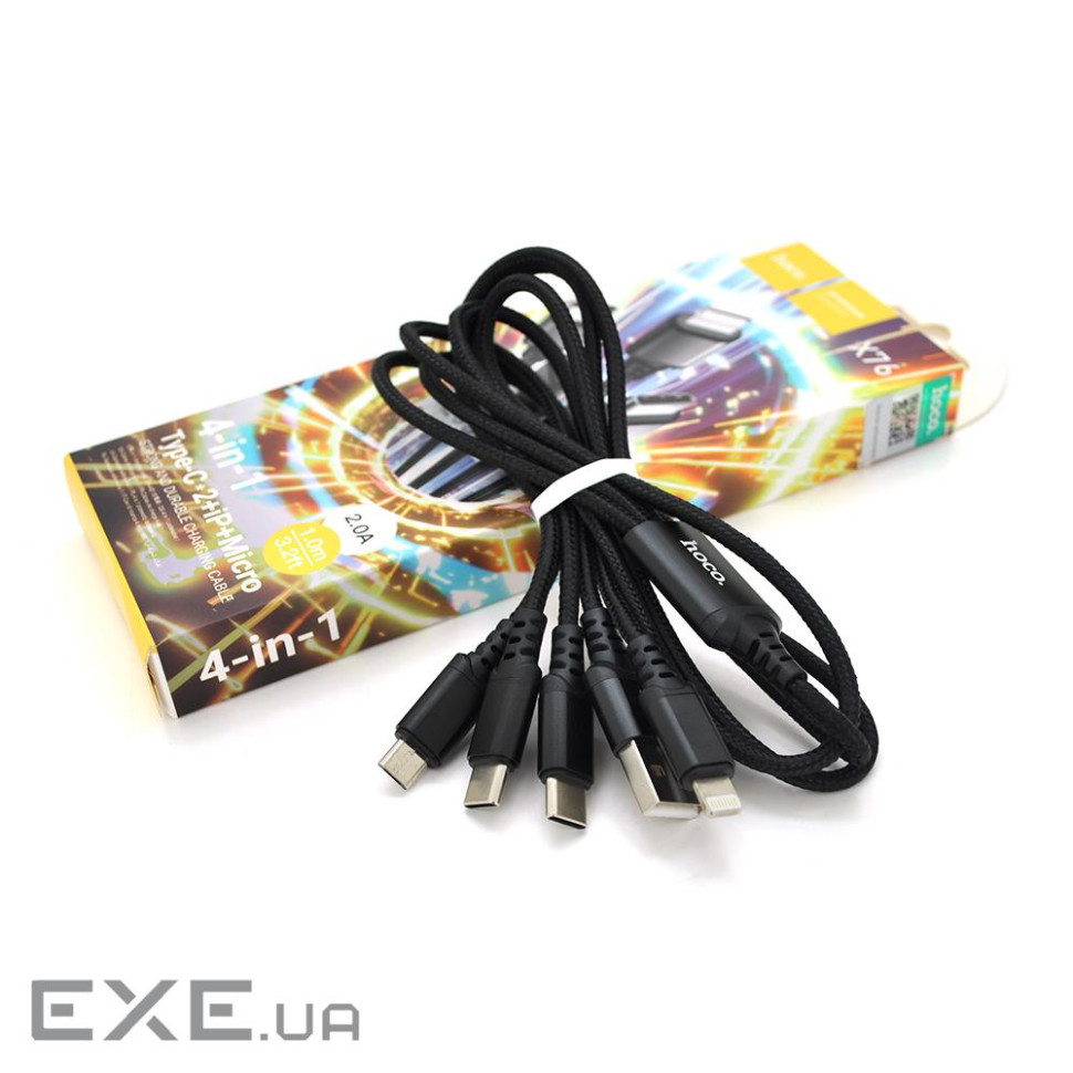Кабель HOCO X76 USB-1 4 in 1 Micro / Iphone / 2*Type-C, 2A, довжина 1м, Black, Box (HOCO X76B-2Tc)