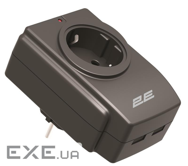Адаптер мережевий 2E 1xТипF, 16A, 2*USB-A, фільтр, чорний (2E-AD120U)