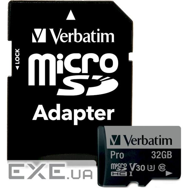 Карта пам'яті VERBATIM microSD Pro 32GB UHS-I U3 V30 A2 Class 10 + SD-adapter (47041)