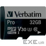 Карта пам'яті VERBATIM microSD Pro 32GB UHS-I U3 V30 A2 Class 10 + SD-adapter (47041)