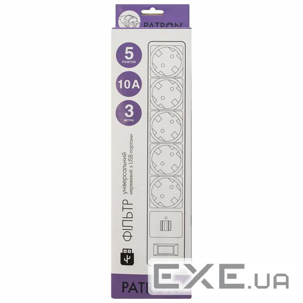 Мережевий фільтр живлення PATRON 1.8m + 2 USB 2.0, 2.1A, 5 роз. White (EXT-PN-SP-52-USB-W)