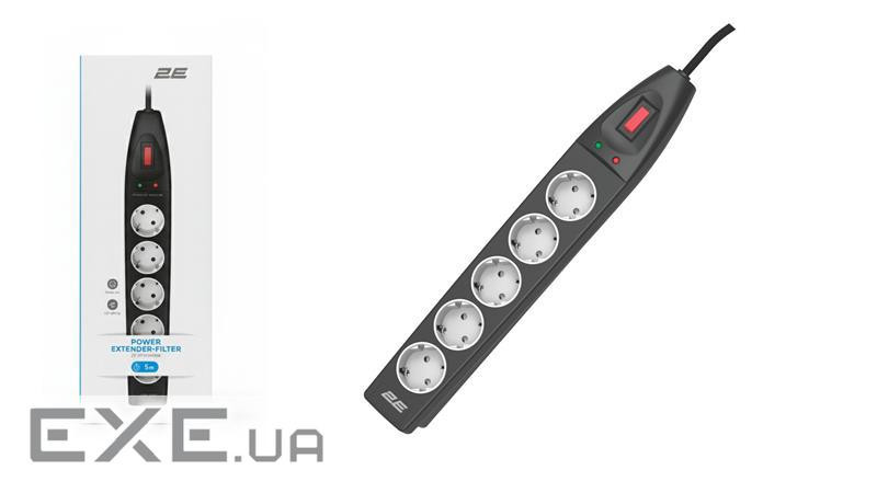 Подовжувач мережевий 2E 5м, 5xТипF, 16A, фільтр, чорний (2E-SP515M5BK)