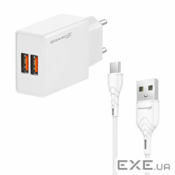 Зарядний пристрій Grand-X 2xUSB 5V 2.4A + cable USB to USB-C white (CH-15WT)