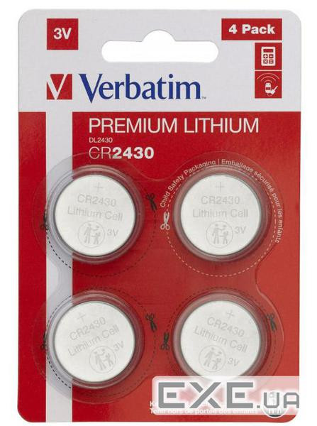 Літієво-кнопкові елементи живлення Verbatim типу CR2430 (3V 4 шт ) (49534)