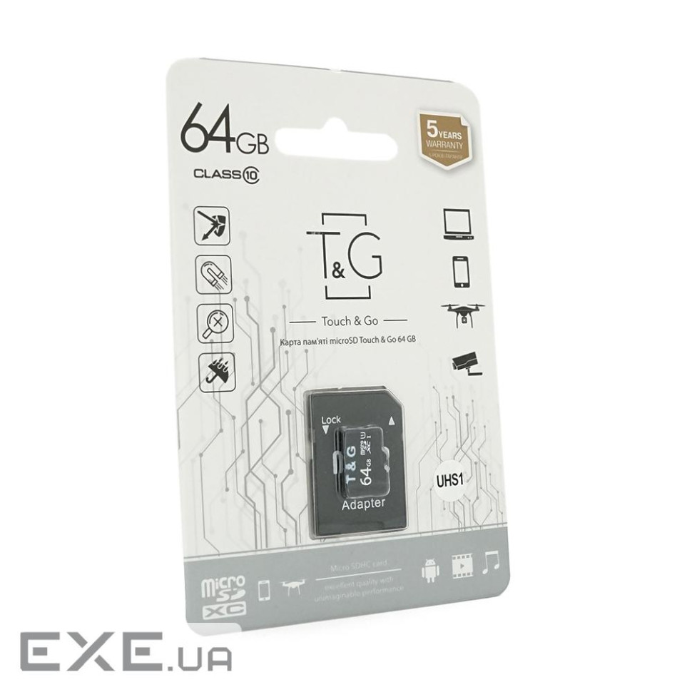 Карта пам&apos,яті T&G microSDHC Class 10 UHS-I, з адаптером, 64GB, Blister (T& (T& (T&G / KP64)