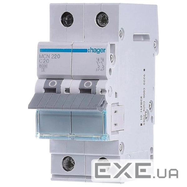 Автоматичний вимикач Hager 2-п. C 20A (6kA) 2M (A) (MCN220)