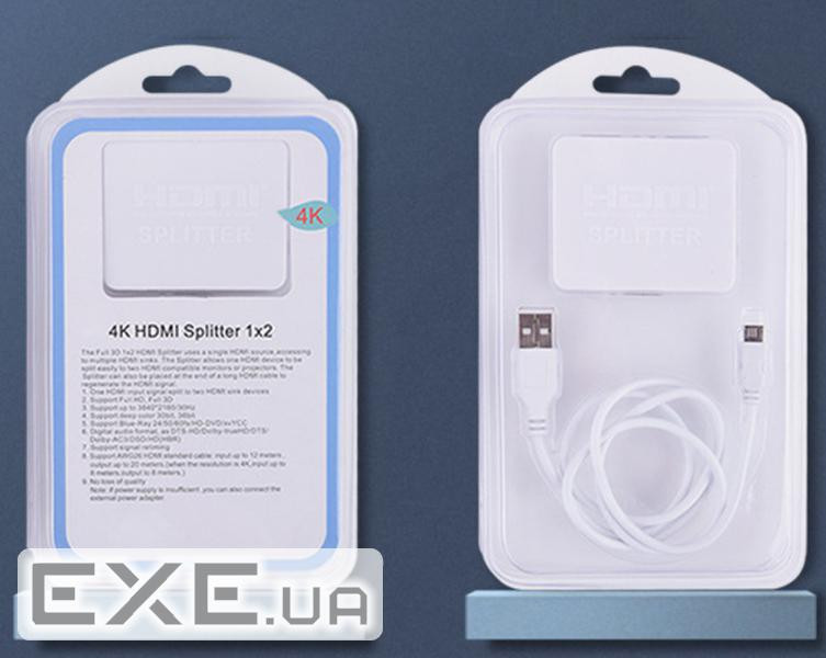 Відеорозгалужувач 2xHDMI, Splitter HDMI на 2 монітори, активний, v1.4a, 3D, 4K, білий (B00941) (B00941)