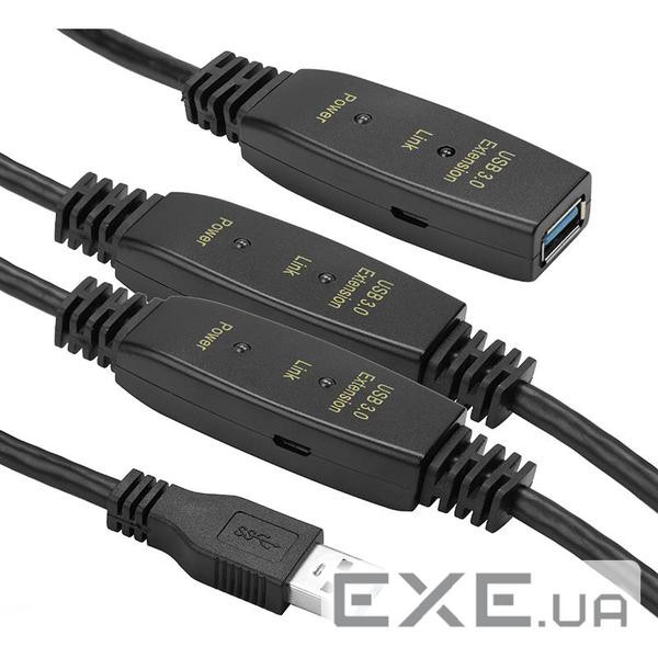 Активний подовжувач PowerPlant USB 3.0 AM-AF, 20 м (CA912865) чорний