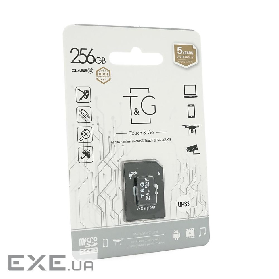 Карта пам&apos,яті T&G microSDHC Class 10 UHS-3, з адаптером, 256GB, Blist (T& (T& (T&G / KP256)