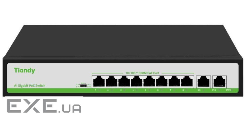Комутатор Tiandy TC-P3S010 Spec: H/0820/AT/90, 8х10/100Mbps PoE Ports + 2х100/1000Mbps (TC-P3S010 H)