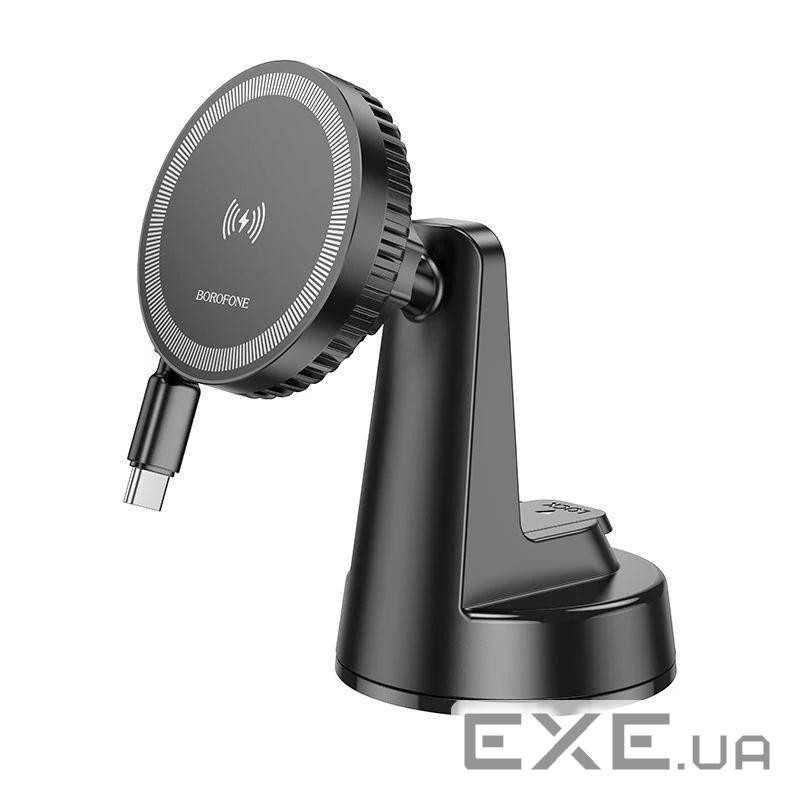 Автотримач BOROFONE BH208 + Wireless Charging 15W, кріплення на торпеду, клямка 50-90мм, Black, Box