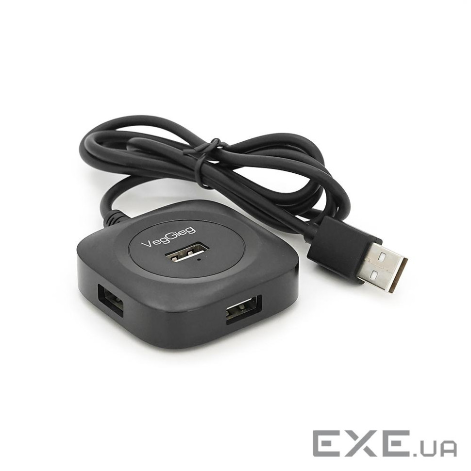 Хаб VEGGIEG V-U2406 USB 2.0 4 порта, 480Mbts, живлення від USB, Black, 1,0m, Box