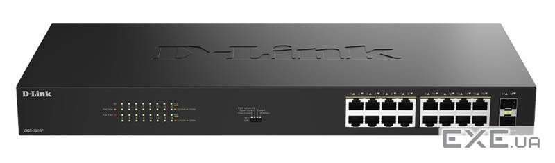 Комутатор D-Link DGS-1018P 16x1GE PoE+, 240Вт, 30Вт/порт, Некерований