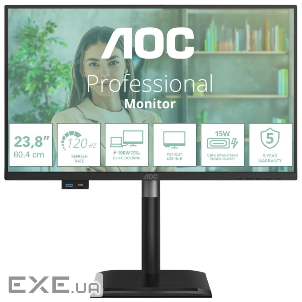 Монiтор TFT AOC 23.8" 24P4CV PS FHD 120Hz HDMI DP USB-C RJ-45 Pivot USB MM Black