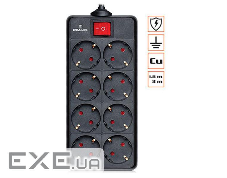 Мережевий фільтр-подовжувач REAL-EL RS-8 Protect Black 3м (EL122300022)