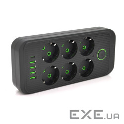 Мережевий фільтр F06U, 6 розеток EU + 4 USB+1PD, кнопка включення з індикатором, 2 м, 3 (F06U-Black) , 3 (F06U-Black)