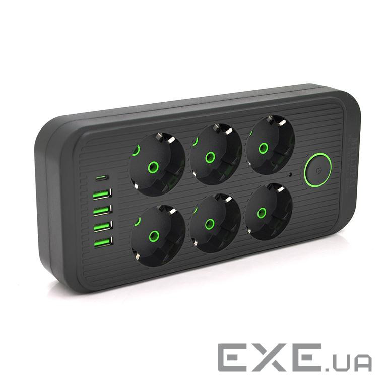 Мережевий фільтр F06U, 6 розеток EU + 4 USB+1PD, кнопка включення з індикатором, 2 м, 3 (F06U-Black) , 3 (F06U-Black)