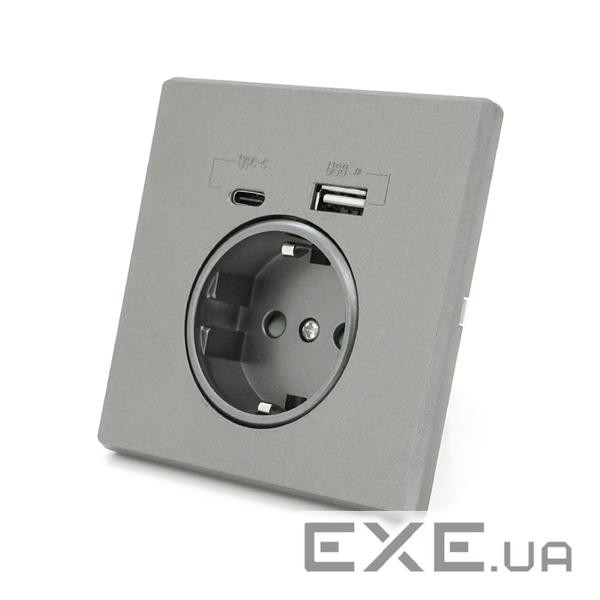 Розетка врізна із заземленням, Input: AC:110-250V / 16A, Type-C / USB-виходи, Gray (31517) , Gray (31517)
