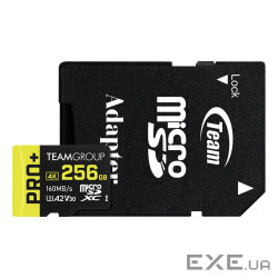 Карта пам"яті TEAM PRO+ MICRO SDXC 256GB UHS-I U3 A2 V30 (DDR200) RETAIL W/1Ad (TPPMSDX256GIA2V3003) TEAM PRO+ MICRO SDX