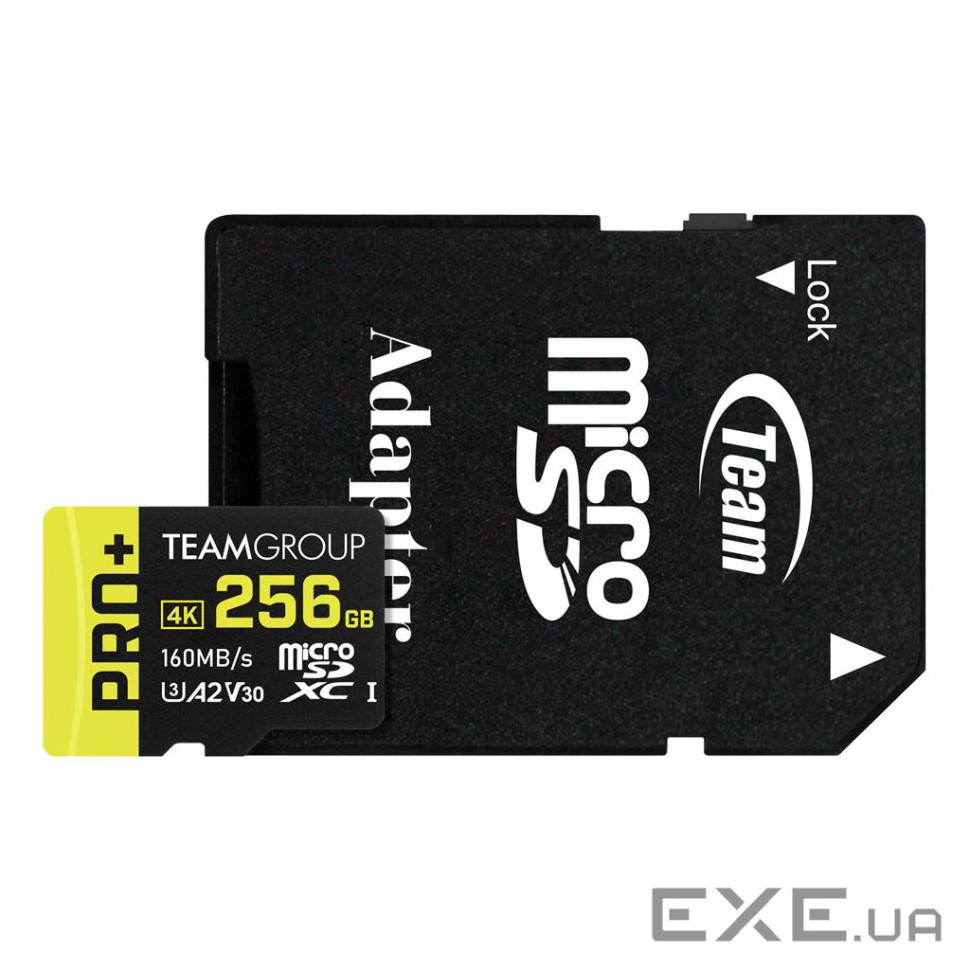 Карта пам"яті TEAM PRO+ MICRO SDXC 256GB UHS-I U3 A2 V30 (DDR200) RETAIL W/1Ad (TPPMSDX256GIA2V3003) TEAM PRO+ MICRO SDX