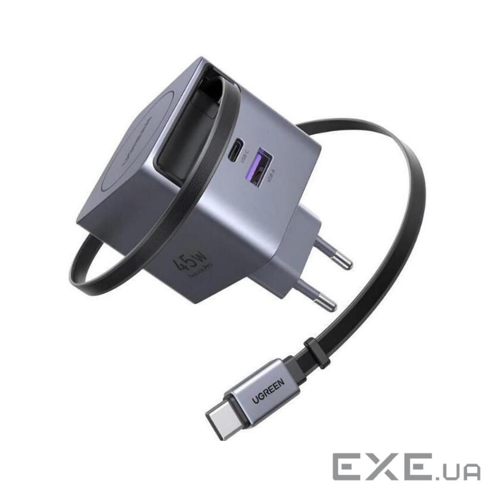 Зарядний пристрій Ugreen USB-C PD45W GaN + cable USB-C to USB-C retractable (65822)