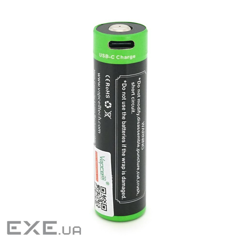 Акумулятор 18650 Li-Ion Vapcell P1838A, 3800mAh, 10A, 3.6V (2.5-4.2V), USB type-c