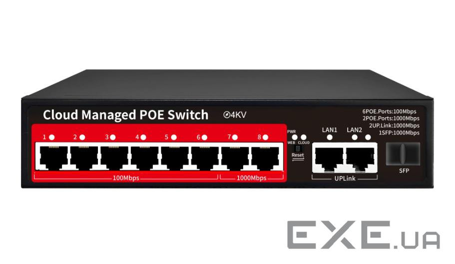 8-портовий керований PoE комутатор YOSO YO308G -120 з 6 портами POE 100Мбіт + 2 POE 1000Мб (YT44872)