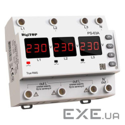 Перемикач фаз PS-63A M6R для однофазного навантаження з контролем напруги на DIN рейку, 6 (PS63AM6R)