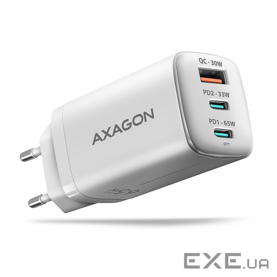 Зарядний пристрій AXAGON 1xUSB + 2xUSB-C 65W QC4+ PD3.0 PPS white (ACU-DPQ65W)