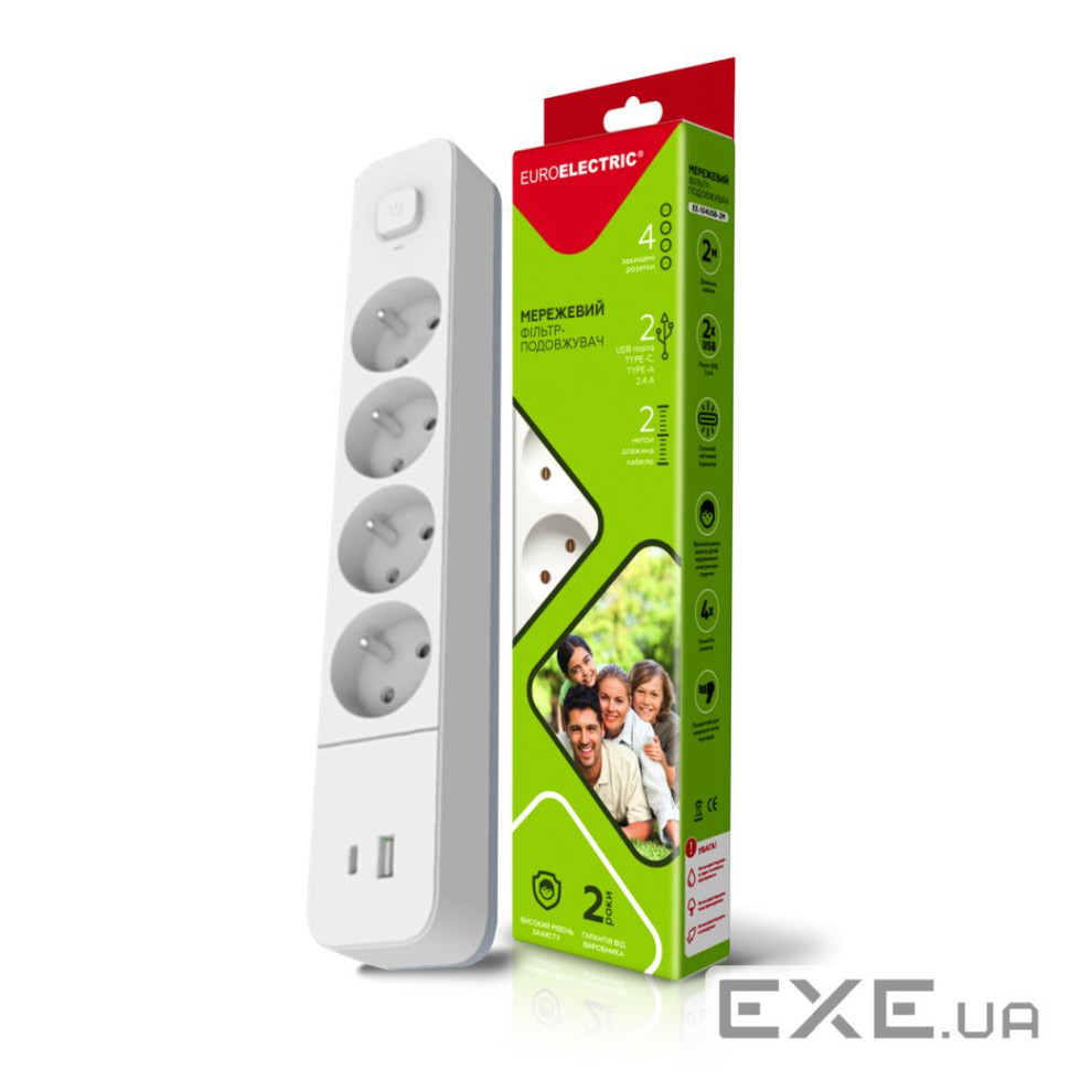 Мережевий фільтр живлення EUROELECTRIC Х4 10А 2м USB, Type-C, White (EE-104USB/C-2M)