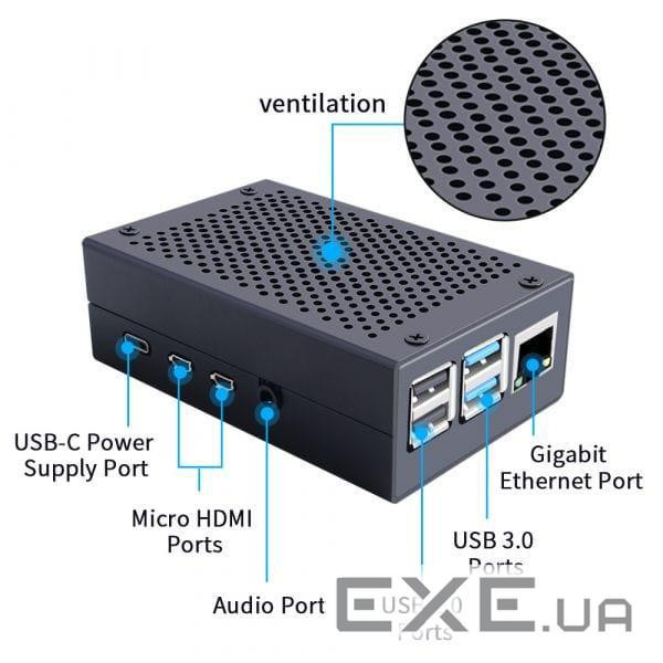 Корпус для Raspberry Pi 4 алюмінійовий з перфорацією чорний (102501)