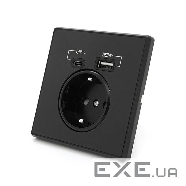 Розетка врізна із заземленням, Input: AC:110-250V / 16A, Type-C / USB-виходи, Black (31519) , Black (31519)