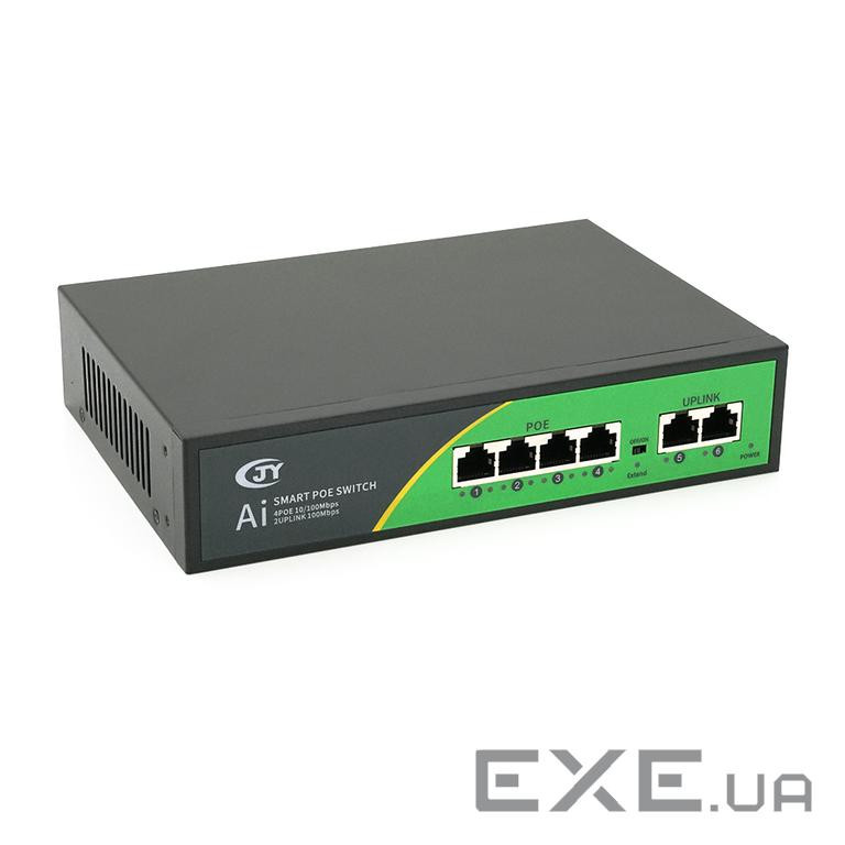 POE комутатор JY-1006B 4 POE 10/100 + 2 RJ45 10/100 + вбудований блок живлення 52V 1.38A