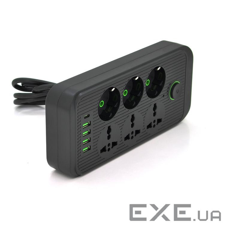 Мережевий фільтр F07U, 6 розеток (3 EU+3 Universal) + 4 USB + 1PD, кнопка включення з і (F07U-Black) (F07U-Black)