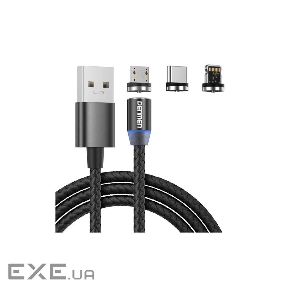 Дата кабель USB 2.0 AM to Lightning + Micro 5P + Type-C magnetic black Denmen (DN-D09E-BK)